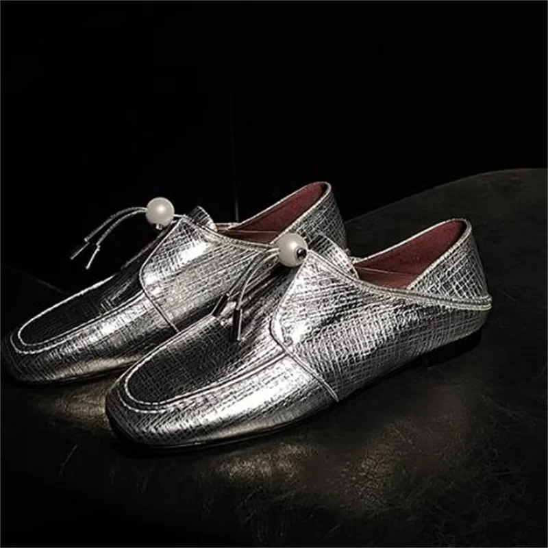 Женские туфли с жемчугом лоферы круглым носком на Плоском Каблуке бархатные