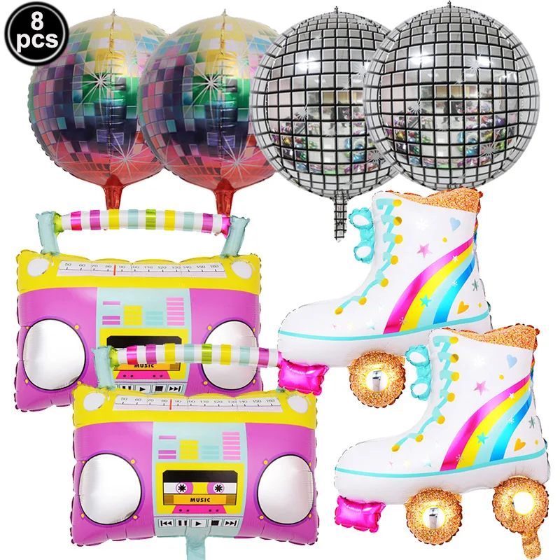 

8 Pcs Rainbow Roller Skate Boom Box Balloons Disco Foil Balloons 80s 90s Retro Valentine Party Balloon Decor Hip Hop Theme Party