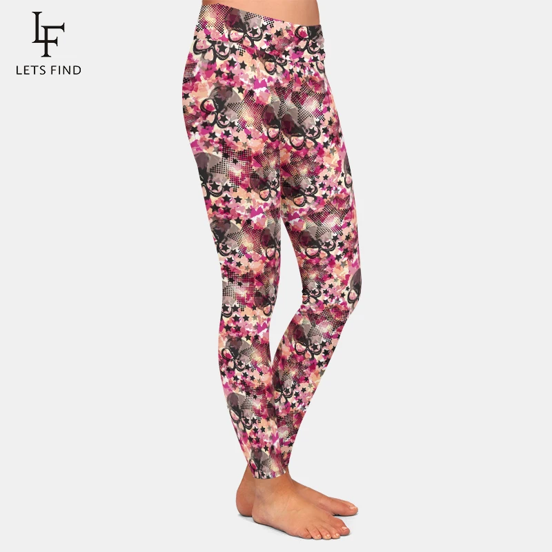 LETSFIND Super Soft Milk Silk Print 3D Stars and Skulls Pattern Women Leggings High Waist Elastic Fitness Leggings