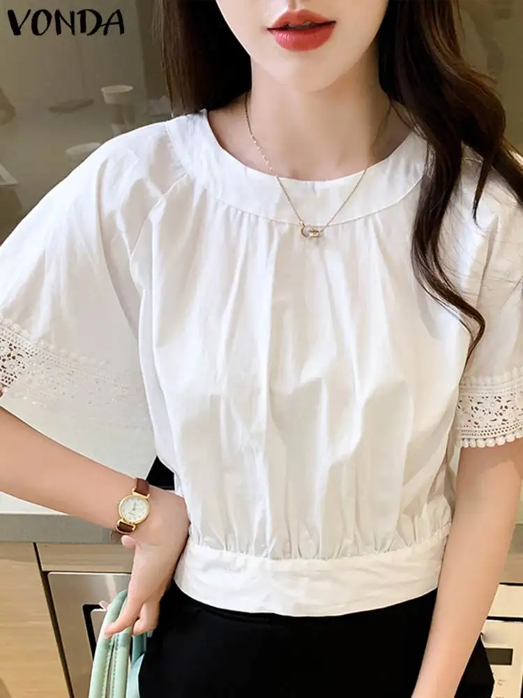 

Women Shirts 2023 VONDA Casual Short Sleeve Blouse Fashion O Neck Looe Tops Female Lace Patchwork Shirts Sexy Party Tunic Baggy