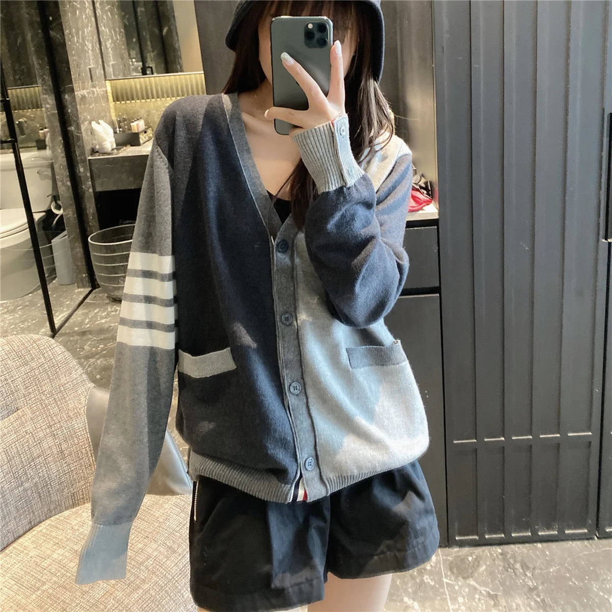 

TB Korean Fashion Spring Autumn Color Contrast Wool Knitted Cardigan Long Sleeve Women's Sweater Loose Four Bar Stripe Coat Top