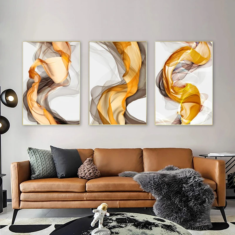 3 шт. Современная Абстрактная Картина на холсте серебристые шелковые ленты