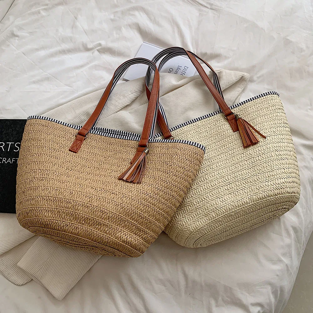 

Summer Beach Bags Paper Rope Tassels Weaving Underarm Bag Handmade Casual Fashion Simple Portable Elegant for Seaside Holiday