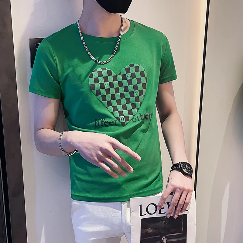 

2023 Social Guy Love Print Handsome Short Sleeve British American T-shirt Men's Slim Trend Youth Popular Sailor Collar Handsome