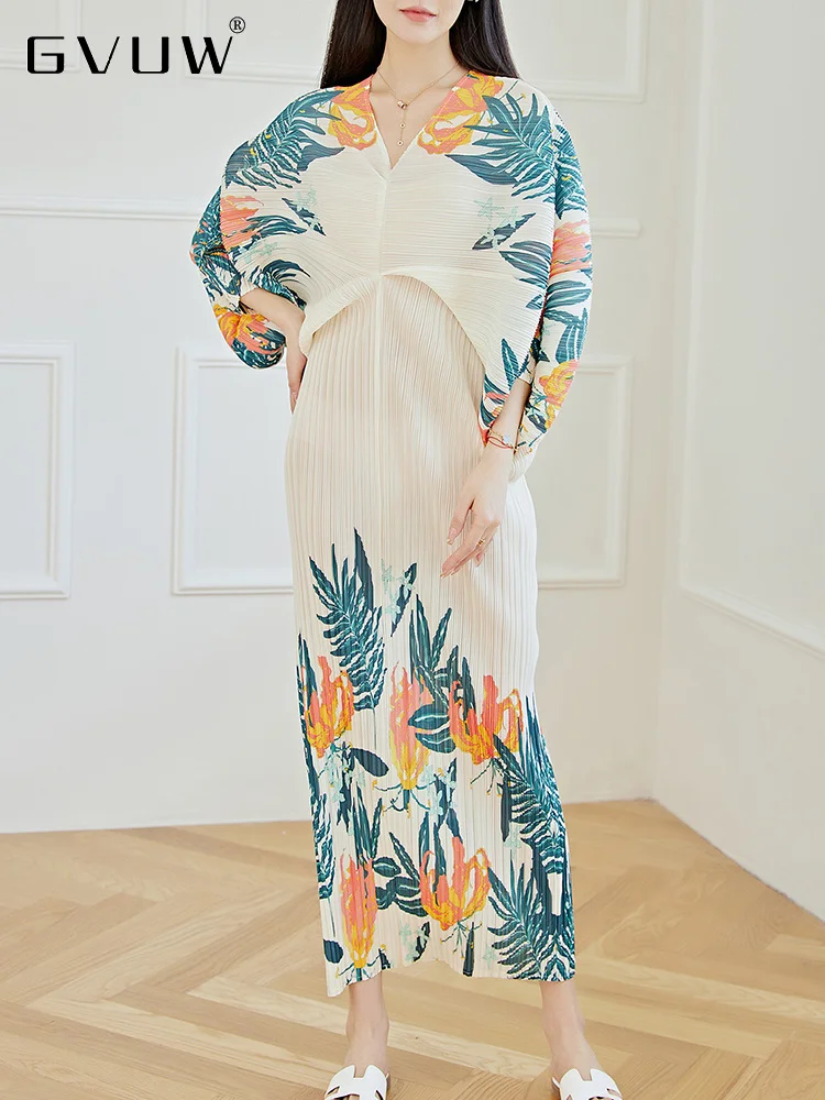 

Плиссированное Платье GVUW с цветными блоками, женское свободное платье с V-образным вырезом и рукавами «летучая мышь», лето 2023, Женские Элегантные новые модные платья 17J0231