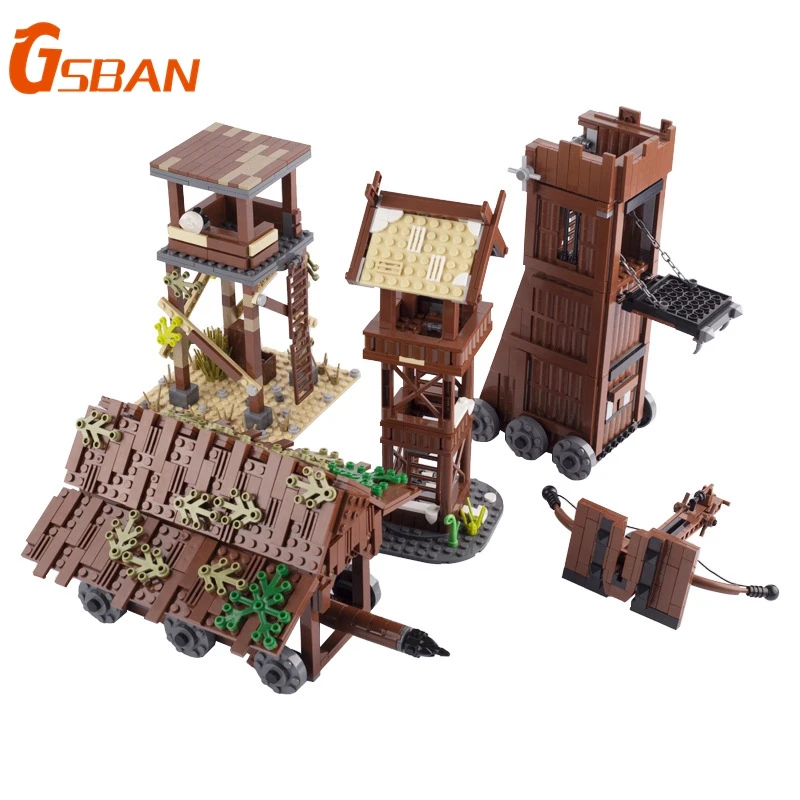 

GSBAN Military Medieval Weapon Battering Hammer Tower Outpost with Figures Building Blocks Toys For Children Kids Gifts