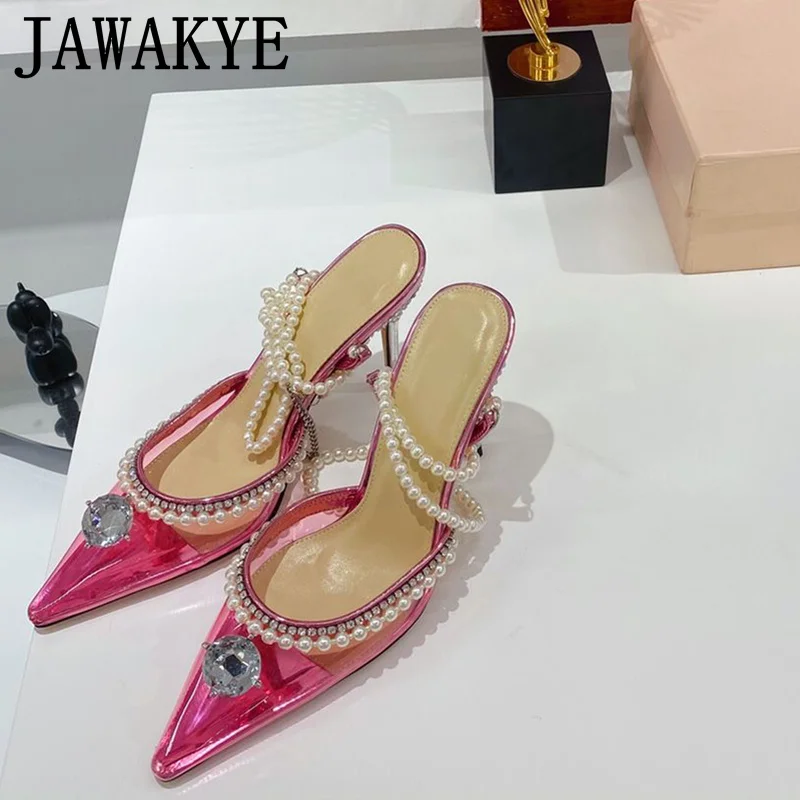 

PVC Pearl Chain High Heel Shoes For Women Pointed Toe Big Crystal Stiletto Ladies Shoes Sexy Party Wedding Shoes Designer Pumps