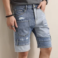 mens summer new personality pocket stitching washed ripped denim shorts loose straight five point pants