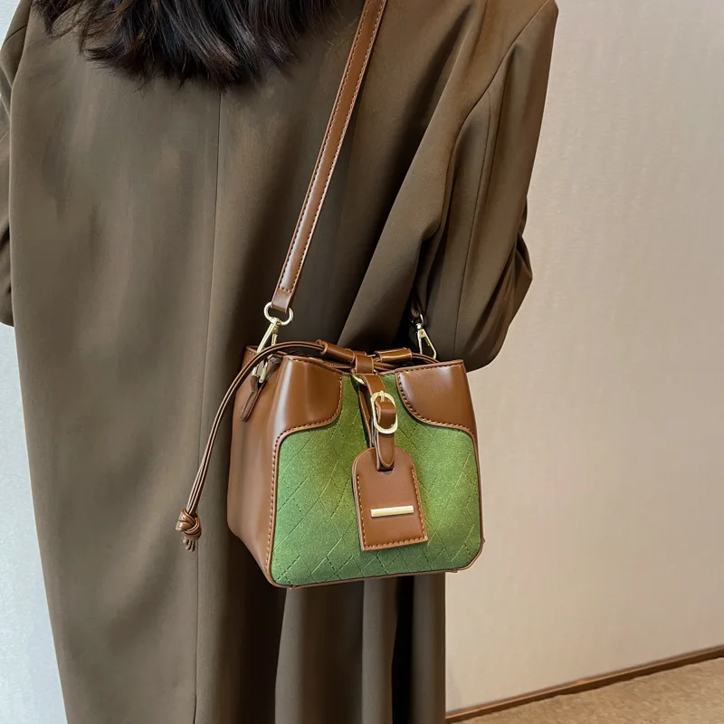 

Vintage Plaid Bucket Bags For Women PU Leather Luxury Designer Handbags Small Totes Trendy Female Shoulder Crossbody Bag