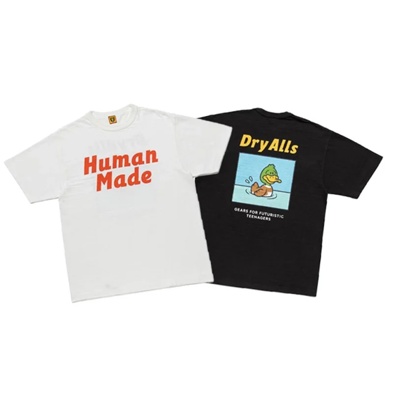 

HUMAN MADE Japanese Summer Letter Print with Cartoon Happy Swimming Duck Bamboo Joint Yarn Short Sleeve T-shirt for Couples
