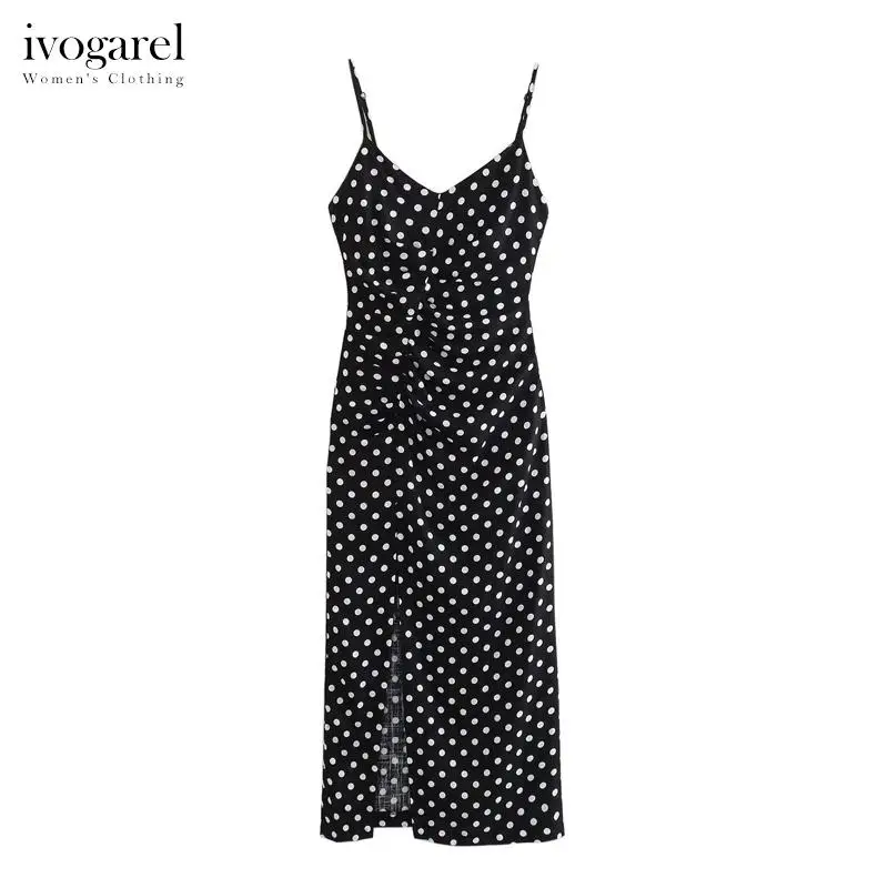 

Ivogarel Linen Blend Polka Dot Dress Women's Summer V-Neck Adjustable Strap Dress Traf Night Club Outfits Front Gathered Details