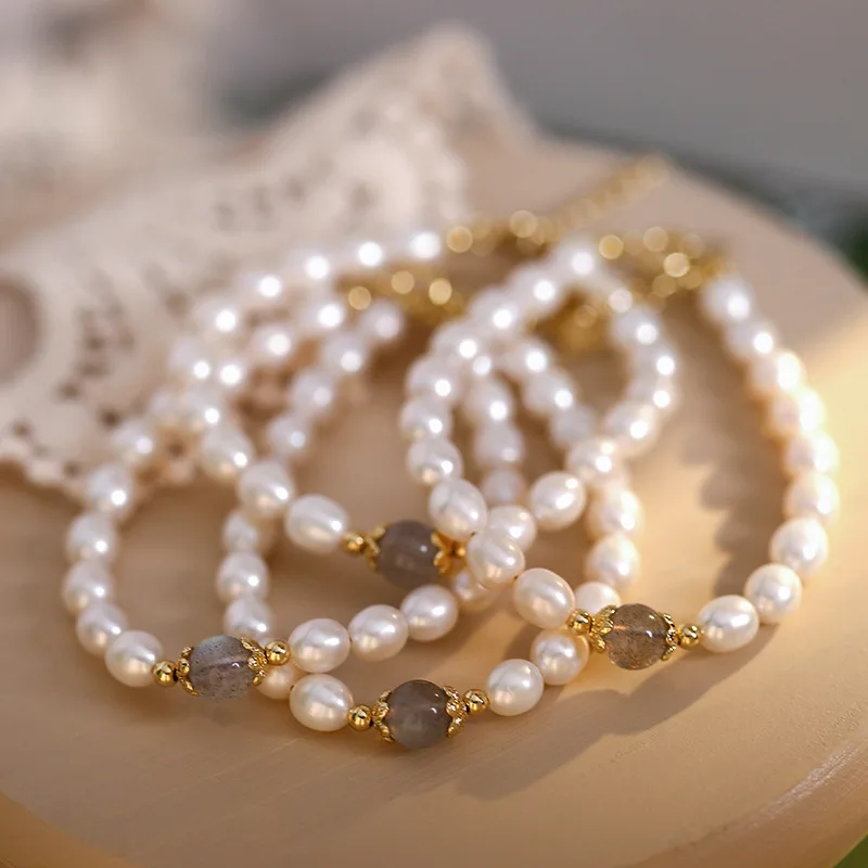 

Rice Grain Handmade Freshwater Pearl Bracelet Women Fashion Natural Moonstone Boutique Jewelry Bracelet Gift