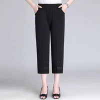 middle aged elderly women trousers mother elastic high waist lace baggy pants female 2022 summer thin casual cropped pants