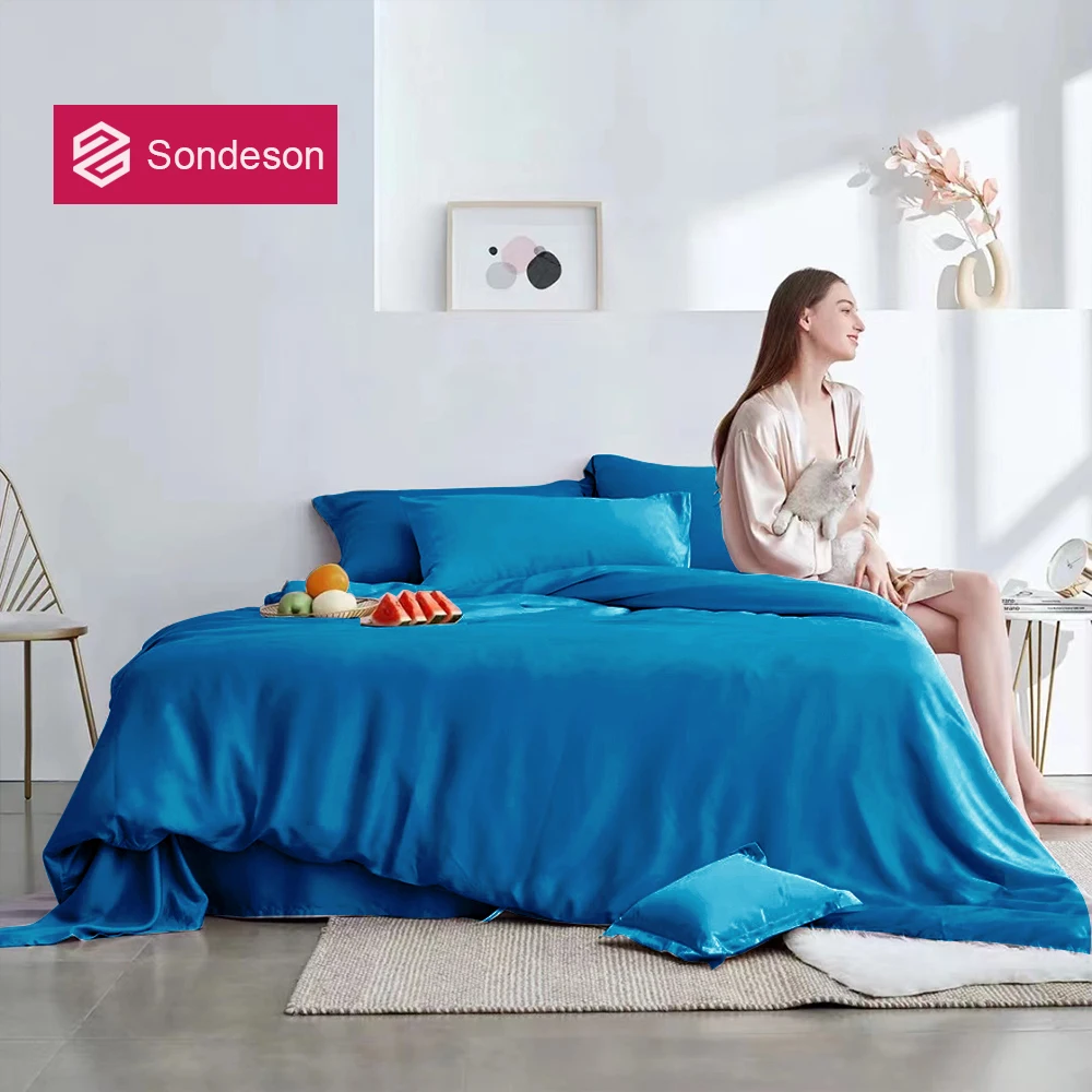 

Sondeson Noble Blue 100% Silk Duvet Cover Pillow Case Bed Sheet Solid Color Quilt Cover Women Men Queen King Bedding Linens Set