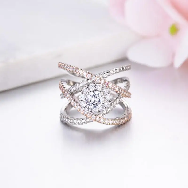 

Fashion Cross Design Separation Rose Gold Ring Crystal Zircon Wedding Engagement Rings for Women Jewelry Gifts