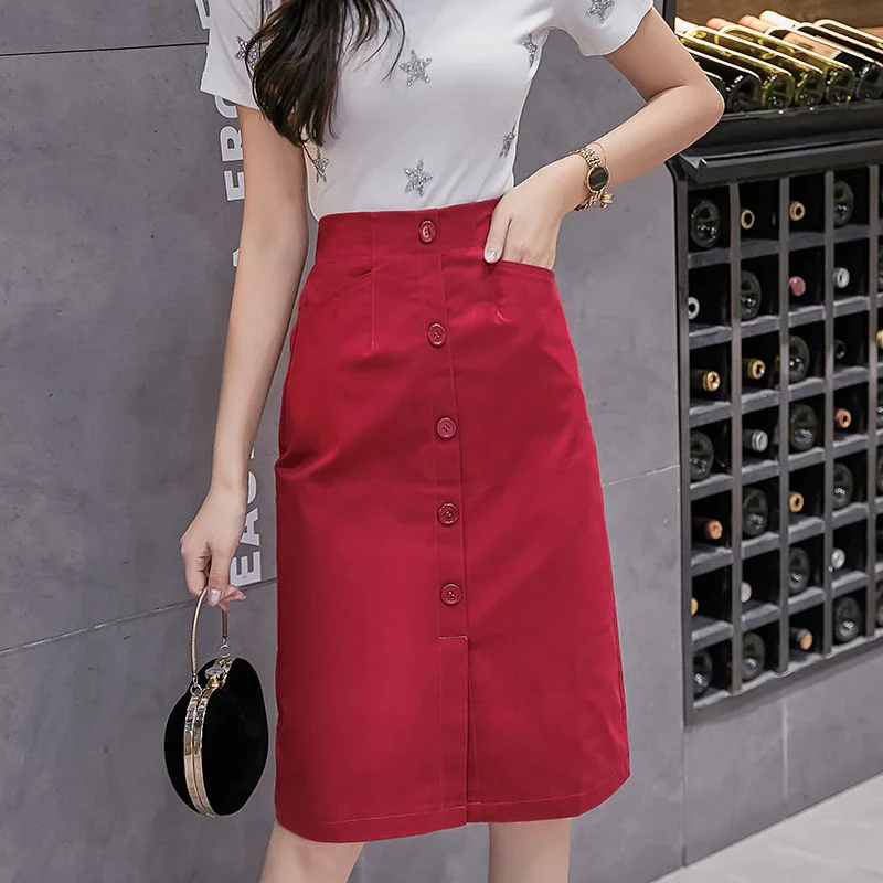 

2022 Fashion Retro Summer Spring Knee-Length Denim Skirts Office Lady High Waist Button Pockets Split Straight Jeans Skirts