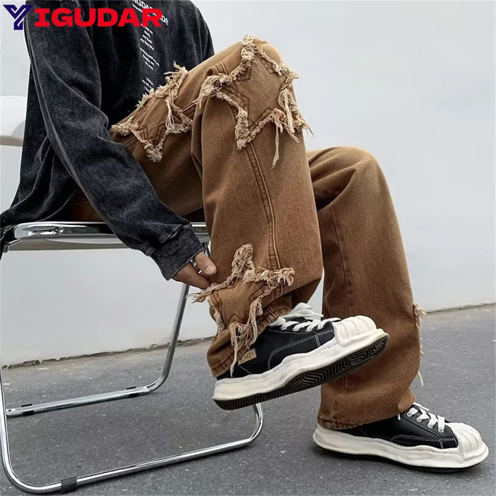 

New Fashion Stars Towel Embroidery Brown Baggy Men Jeans Pants Clothes Straight Hip Hop Cotton Trousers Pantalon Homme