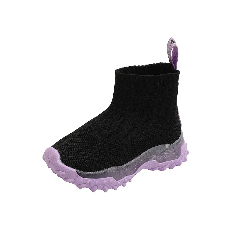 

Girls Boots 2022 Autumn New Flashing Light Knitted Soft Sole Boys Non-slip Breathable Flying Knitted Kids Fashion Short Boots
