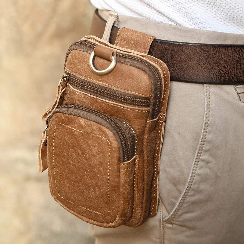 Vintage Crazy Horse Leather Fanny Waist Pack Men Genuine Leather Travel Belt Waist Bags Small Phone Pouch Loop Shoulder Bag
