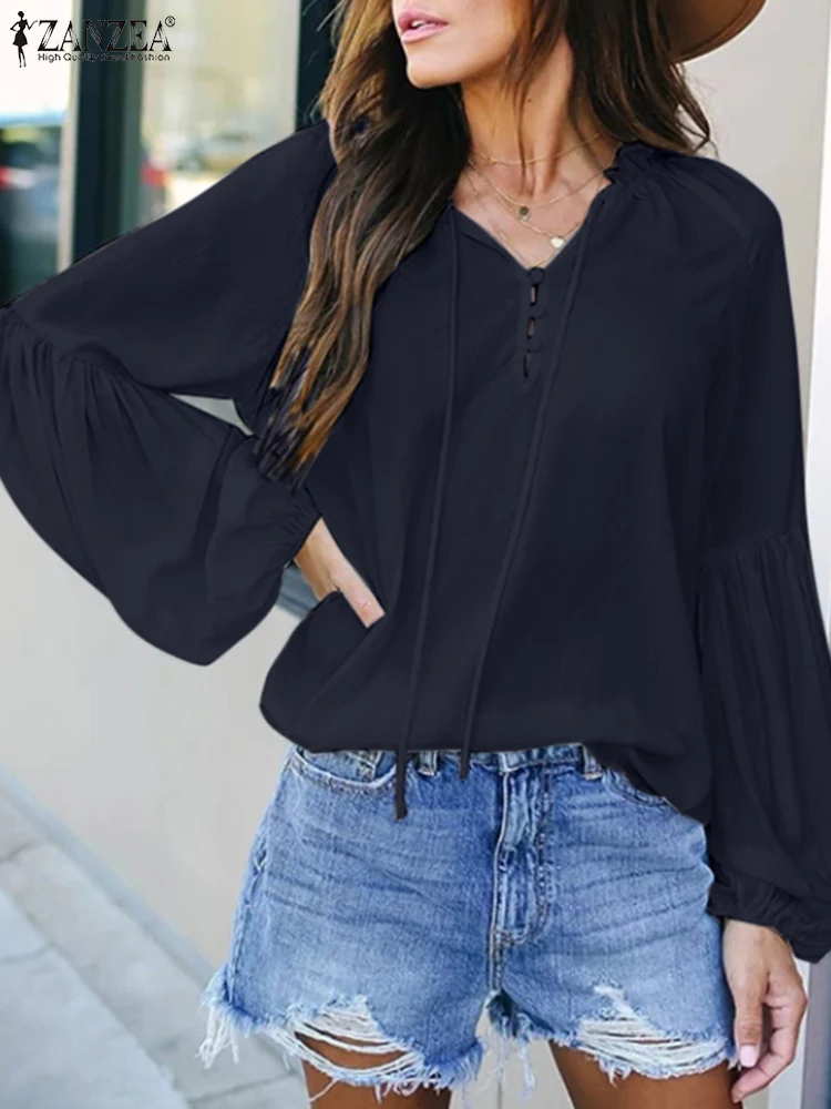 

Oversized Fashion Office Lady Lace Up Blouse 2022 Casual Solid Top Tunic ZANZEA Mujer Female Puff Sleeve Blusa Femininas Chemise