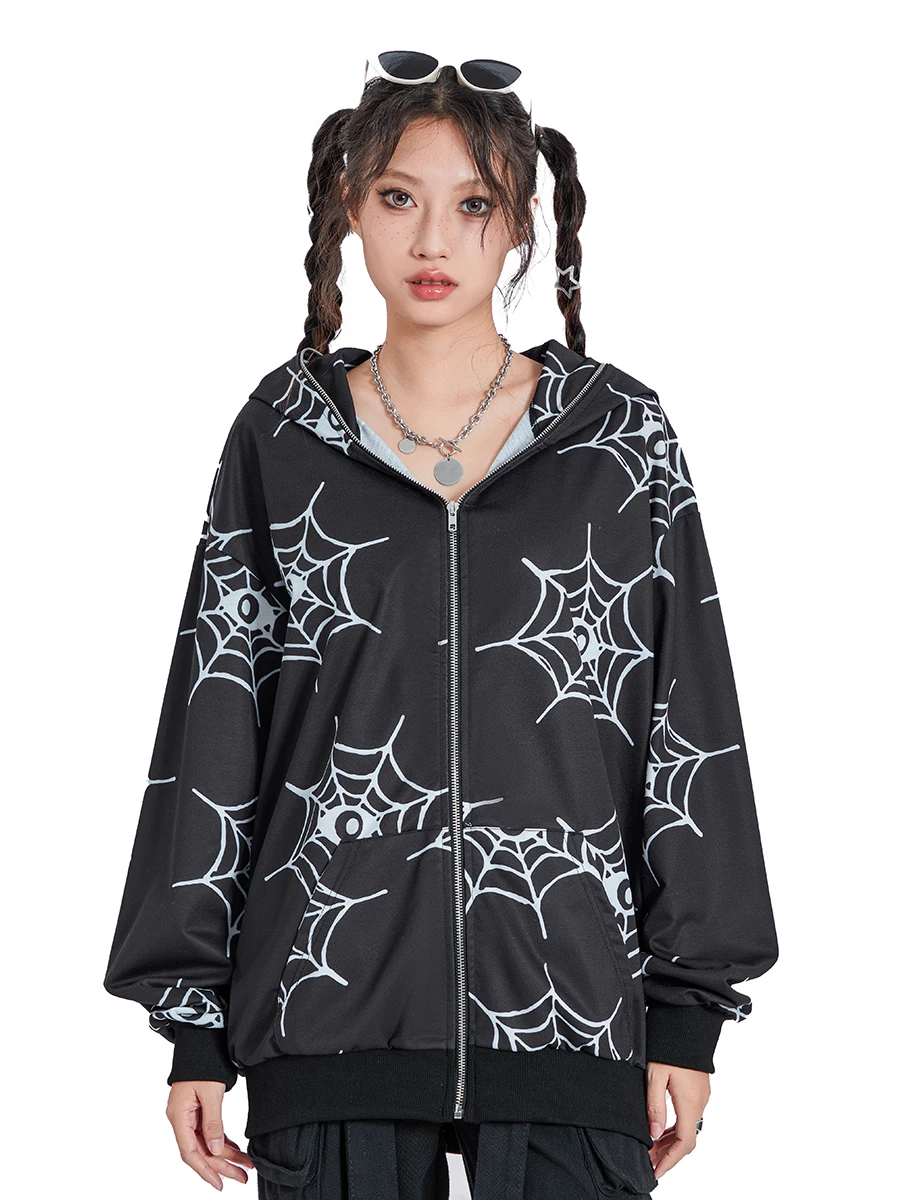 

Толстовка женская с капюшоном, свитшот на молнии с длинным рукавом и принтом паутины