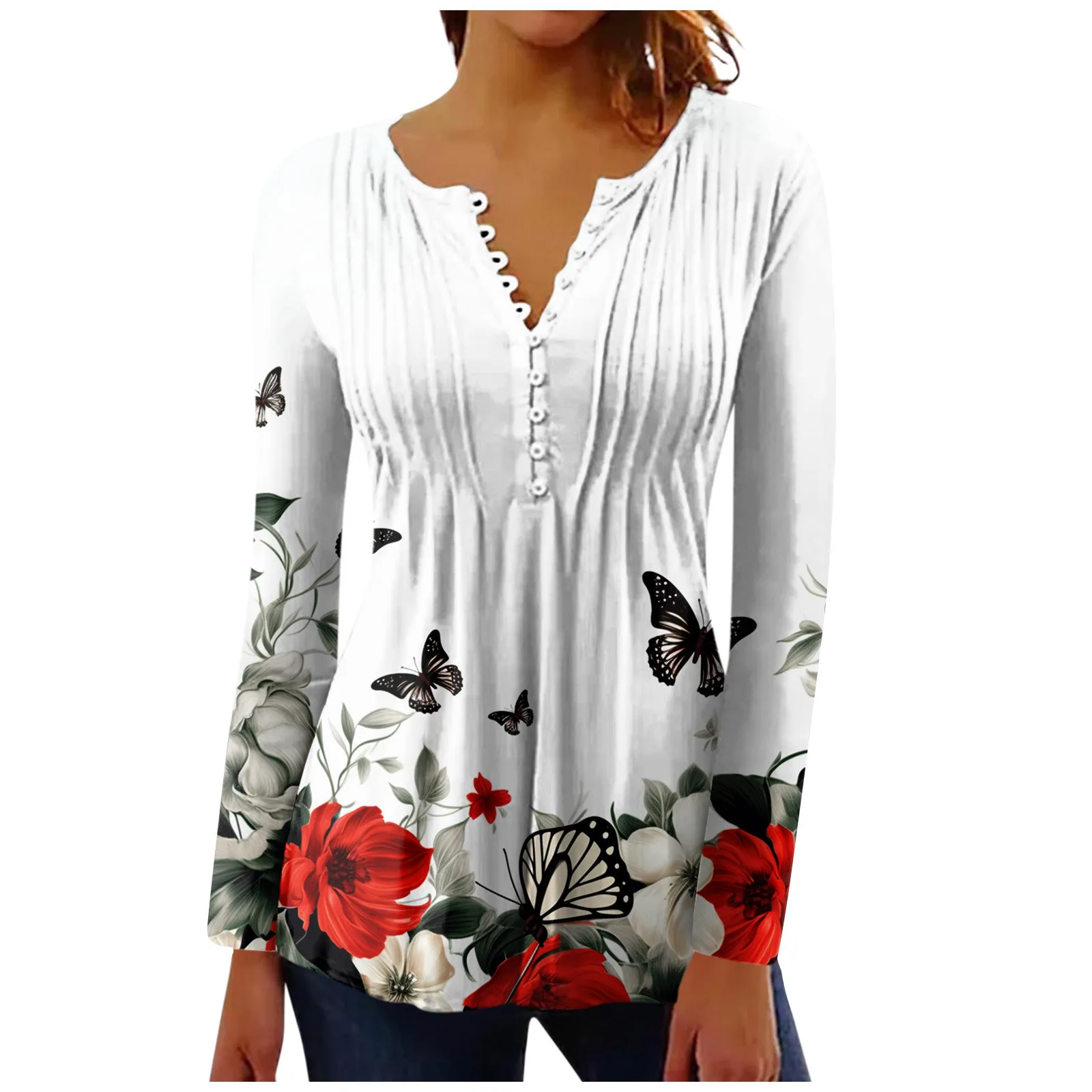 

Women Button Collar Pleated Printed Long Sleeves Holiday Basic Tunic Slim Tops Printed Ethnic Tops T-Shirts V Neck Pullover Tops