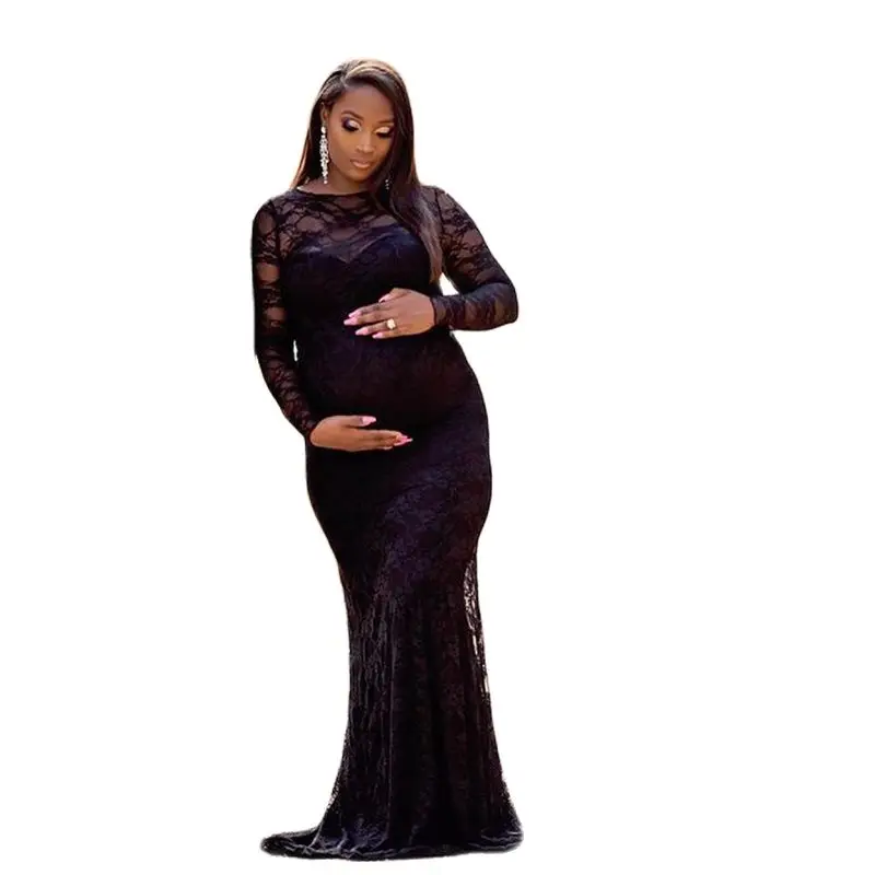 

2022 European And American Women's Lace Maternity Round Neck Tail Dress Long Dress Photography Dress