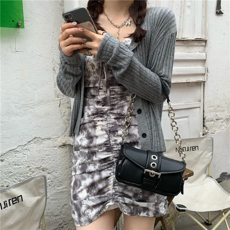 

Ladies Underarm Single Shoulder bag Polyester Fashion Ring Chains Small Square bag Vintage Double Pockets Buckle Wallet Handbags