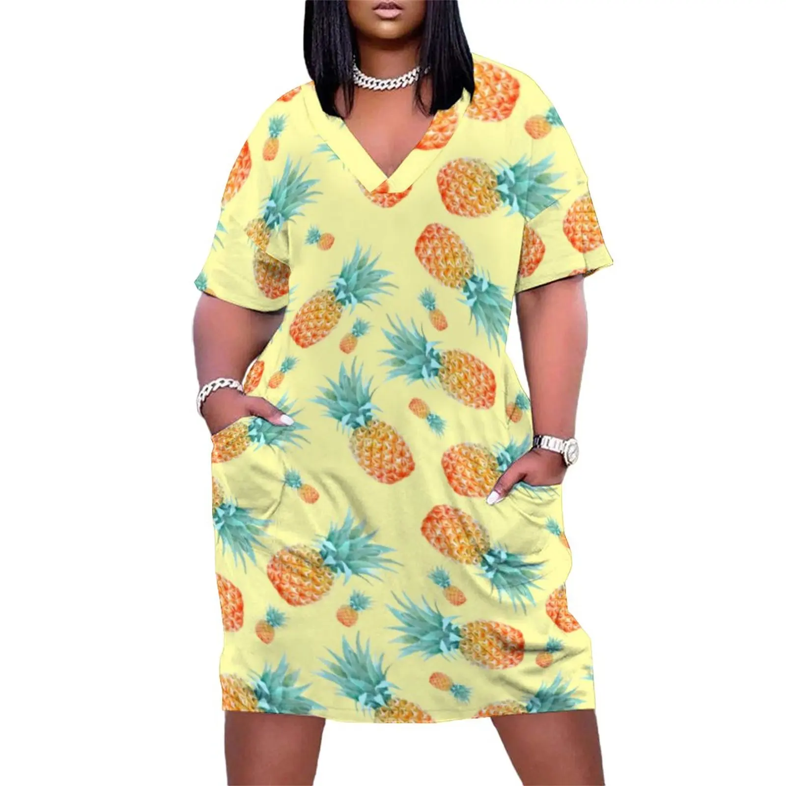 

Pineapple Pattern Dress Plus Size Tropical Fruit Streetwear Casual Dress Womens Spring V Neck Trendy Dresses Gift Idea