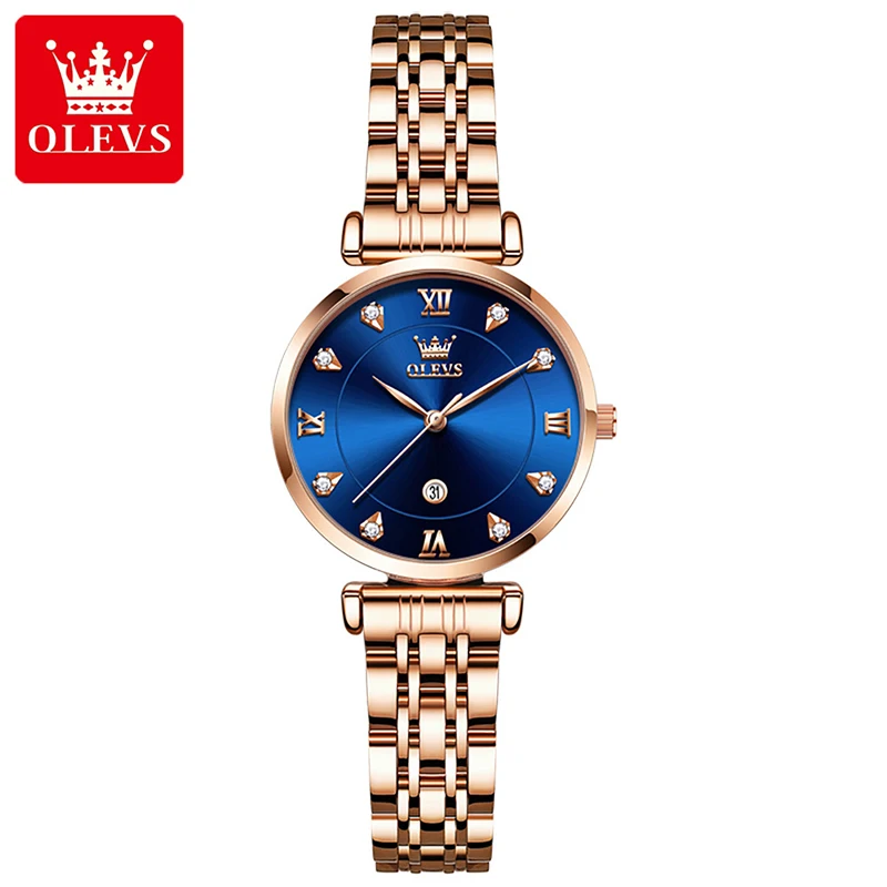 

OLEVS Women Watches Fashion Casual Waterproof Rose Gold Strap Quartz Watch Calendar Simple Blue Dial Women Watch Zegarek Damski