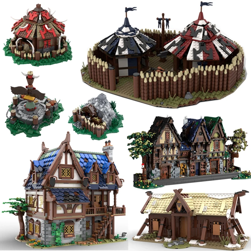 

MOC Medieval Wild Tribe Viking Longhouse Model Building Blocks Guard Tower Warrior Wooden House Wall Cave Tent Bricks Toys Gift