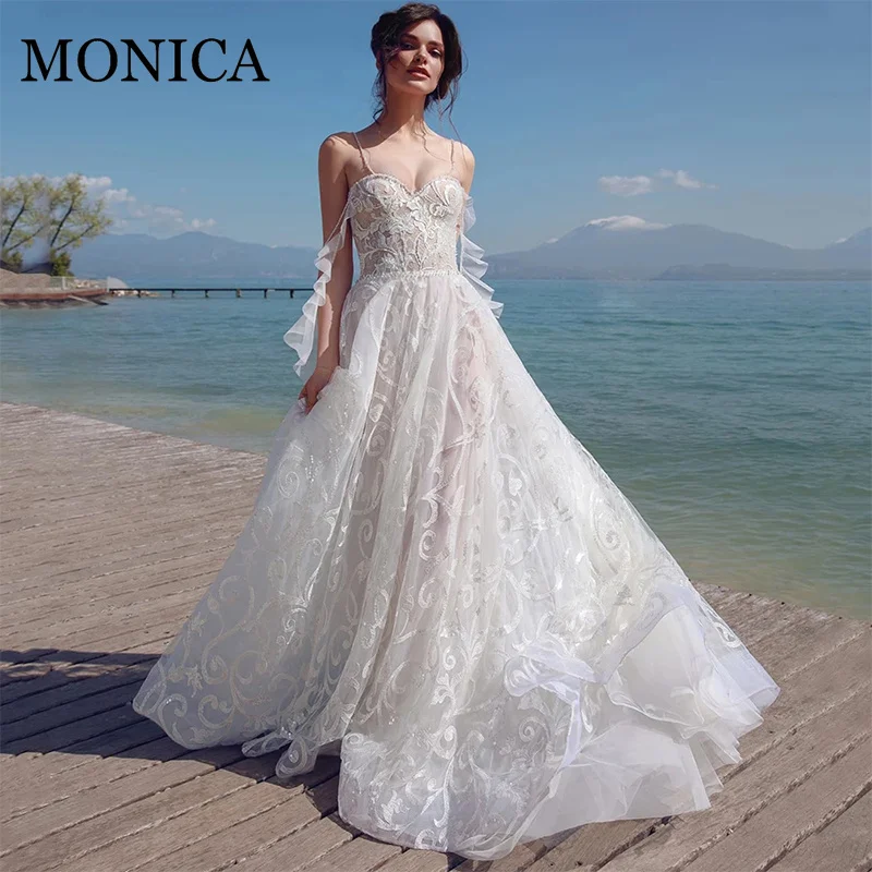 

MONICA Appealing Wedding Dress Spaghetti Straps Vestidos De Novia Beach Wedding Gown Backless Appliques Lace Tulle 2022