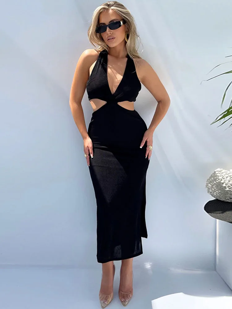 

Summer Sexy Backless Dress Women Casual Streetwear Outfits Halter Split Sheath Dresses Women Vacation Wear Ladies Vestido Robes