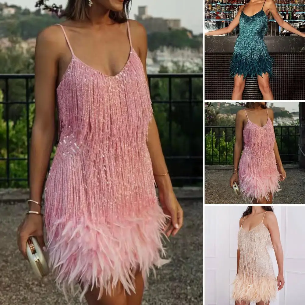 

Sexy Feather Stitched Fringe Sequined Women's Dress 2022 Summer V Neck Bodycon Off Shoulder Women's Backless Mini Dress