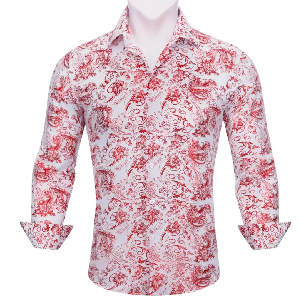 

Designer Shirts for Men Silk Long Sleeve Pink White Flower Slim Fit Lapel Male Blouse Regular Casual Tops Streetwear Barry Wang