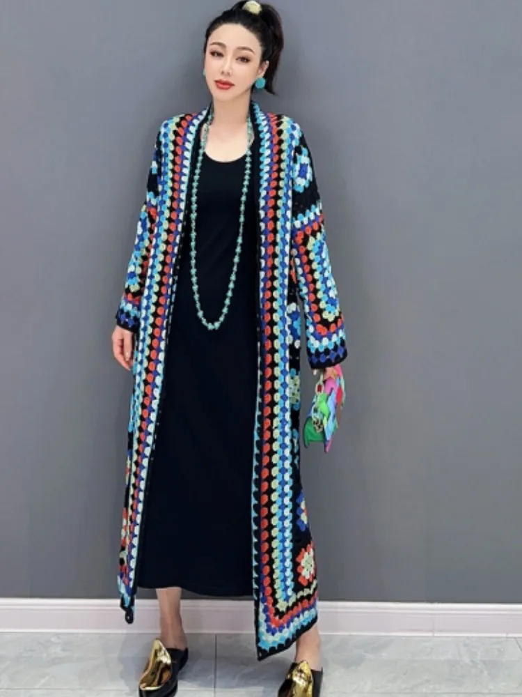 

URIOR 2023 Summer New Temperament Vacation Style Colorblock Embroidered Cardigan Mid length Overlay Shawl Coat