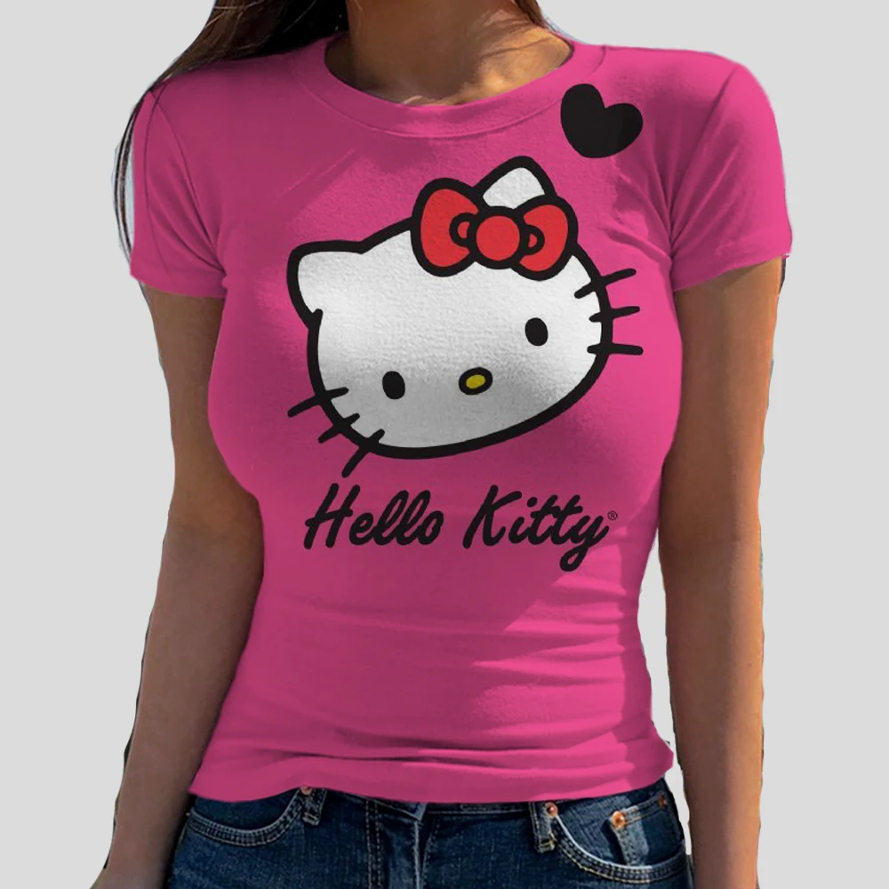 Женская футболка с круглым вырезом и принтом Hello Kitty эластичная Базовая