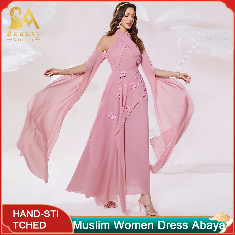 Muslim Long Dress Pink Flower Pearl Halter Neck Off-Shoulder Ribbon Long Dress Dubai Travel Ladies Dress Evening Dresses 2022