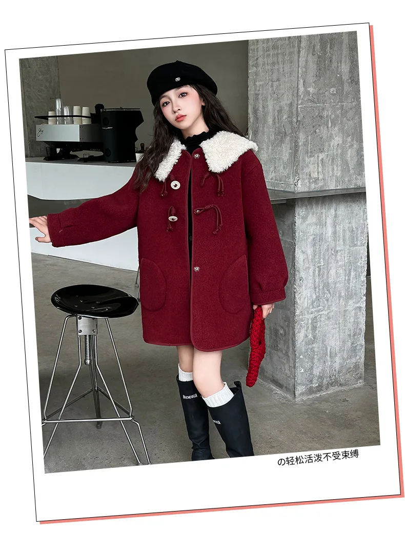 Красное пальто для девочек на осень и зиму плюс флисовое утепленное шерстяное 2024