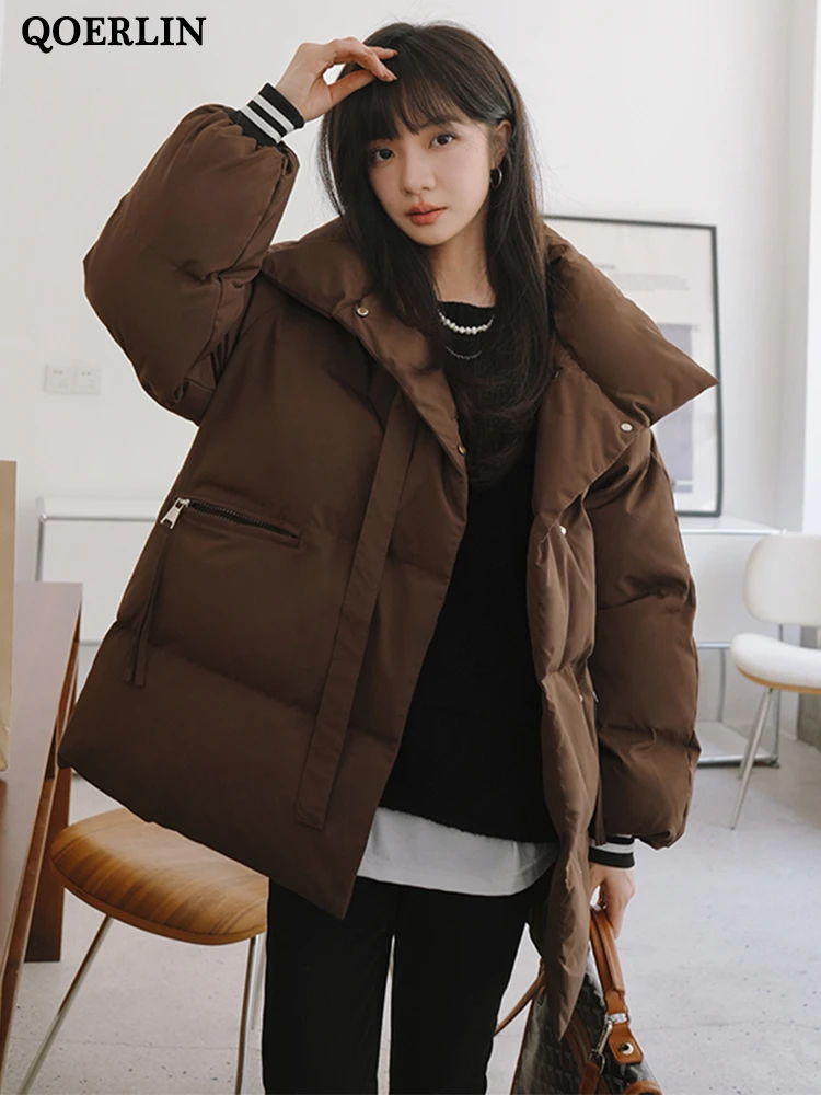 QOERLIN Brown Puffer Jacket Winter Women Stand Collar Parkas Thicken Warm Overcoat Female Korean Fashion Outerwear Black White