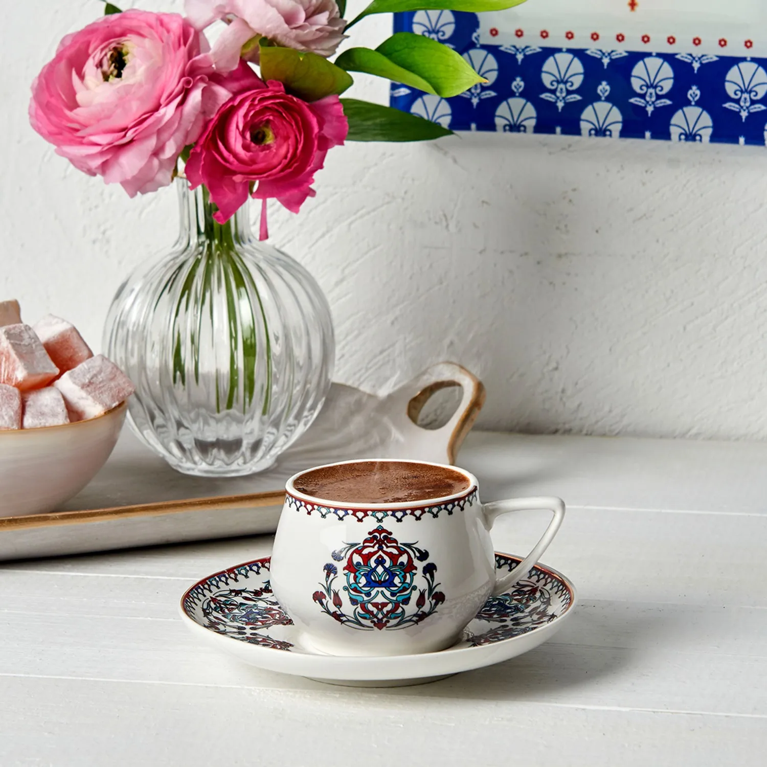 

Nakkaş 6lı Coffee Cup Set Blue Red Green Hues Slim Small Pattern Nostalgic Decorative Design Round Form Karaca