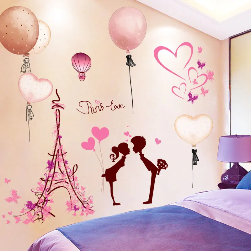 

Creative French Tower Lovers Wall Stickers DIY Cartoon Balloons Mural Decals for Living Room Wedding Bedroom Home Decoration