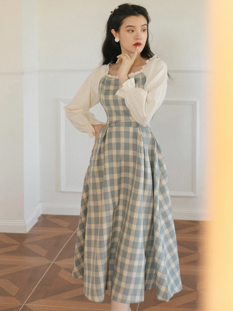 

COIGARSAM Women Dress Spring 2022 Casual Plaid Long Sleeve Square Collar High Waist Light Blue Dresses Dropshipping