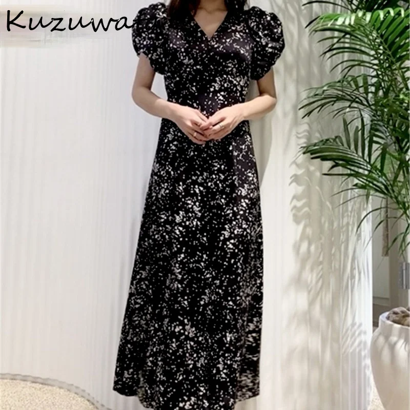 

Женское платье с коротким рукавом, V-образным вырезом и буффами, длинное летнее платье-трапеция с высокой талией и открытой спиной, 2022