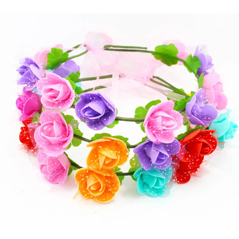 

Girls Pink Flowers Ribbon Crown Headpiece Women Hair Accessories Headdress Girl Elastic Floral Garland Wedding Floral Headwear