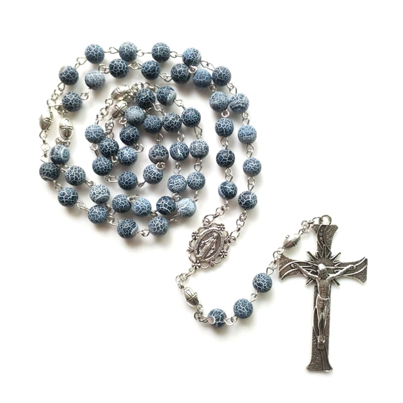 

Vintage Rosary Catholic Prayer Weathered Agate Beads Christ Jesus Cross Necklace