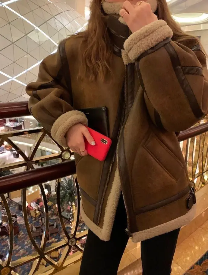 Women Faux Leather Fur Coats Sheep Leather Shearling Thicken Jacket Lady Fashion Long Sleeve Zipped Outerwear Winter Warm Coat