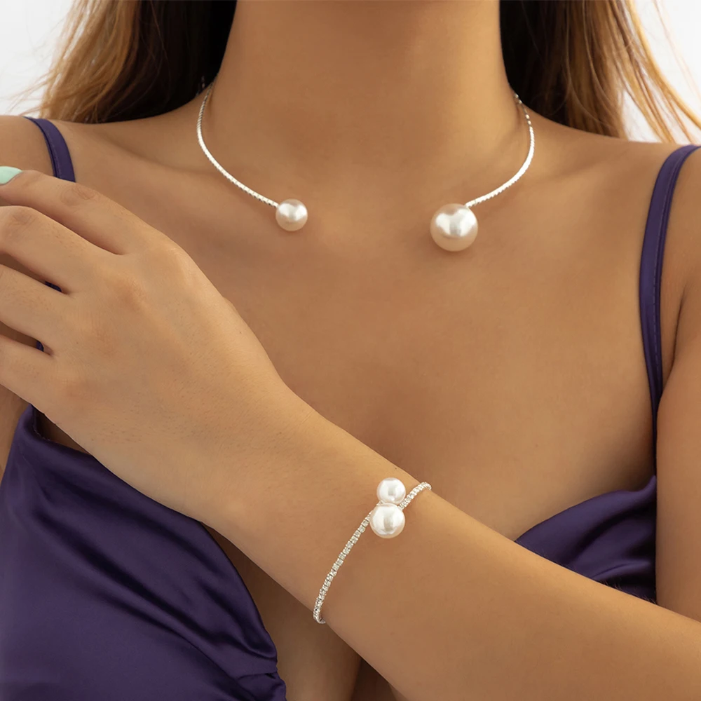 

Lacteo Simple Opening Thin Chain Necklace Choker Imitation Pearl Bracelet for Women Ladies Silver Color Jewelry Set Fashion Gift