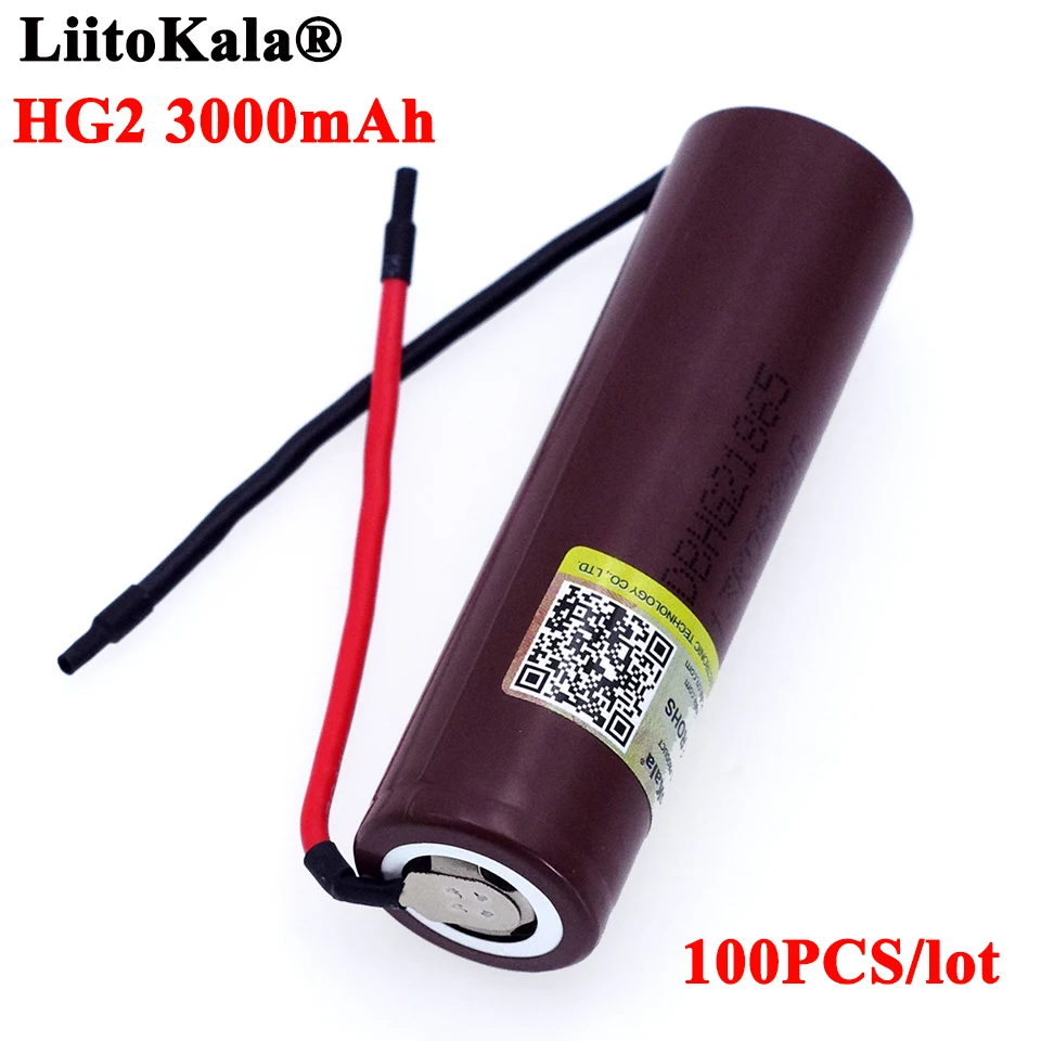 

100 шт. Liitokala HG2 18650 3000 мАч перезаряжаемая батарея 18650HG2 3,6 в разряд 20 А, отдельные батареи + DIY Nicke кабель