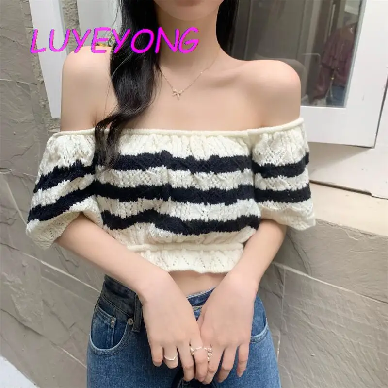 

Mujer Slash Neck Crop Top Lady Off Shoulder Slim Sexy Knitted T-shirts Female Striped Strapless Short Knit T Shirt 2022 Summer